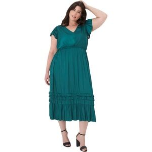 Lane Bryant Green Flutter Sleeve Shirred Midi Dress Women’s Size 18